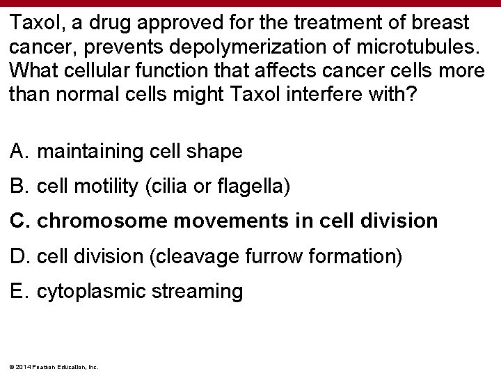 Taxol, a drug approved for the treatment of breast cancer, prevents depolymerization of microtubules.