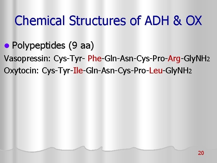 Chemical Structures of ADH & OX l Polypeptides (9 aa) Vasopressin: Cys-Tyr- Phe-Gln-Asn-Cys-Pro-Arg-Gly. NH