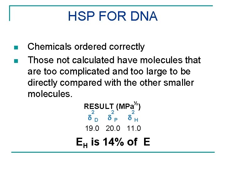 HSP FOR DNA n n Chemicals ordered correctly Those not calculated have molecules that