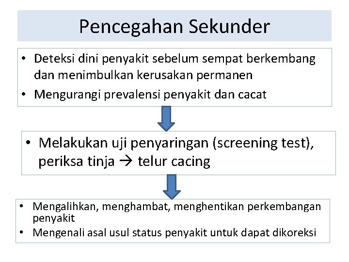 Pencegahan Sekunder • Deteksi dini penyakit sebelum sempat berkembang dan menimbulkan kerusakan permanen •