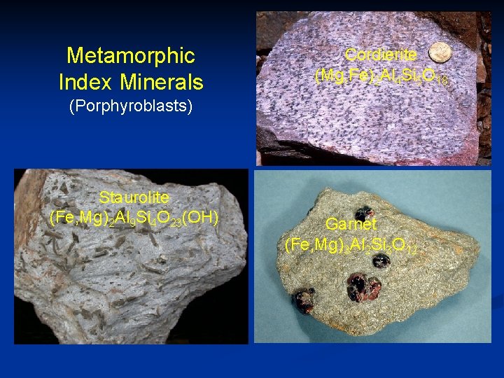 Metamorphic Index Minerals Cordierite (Mg, Fe)2 Al 4 Si 5 O 18 (Porphyroblasts) Staurolite