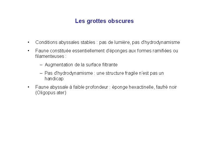 Les grottes obscures • Conditions abyssales stables : pas de lumière, pas d’hydrodynamisme •