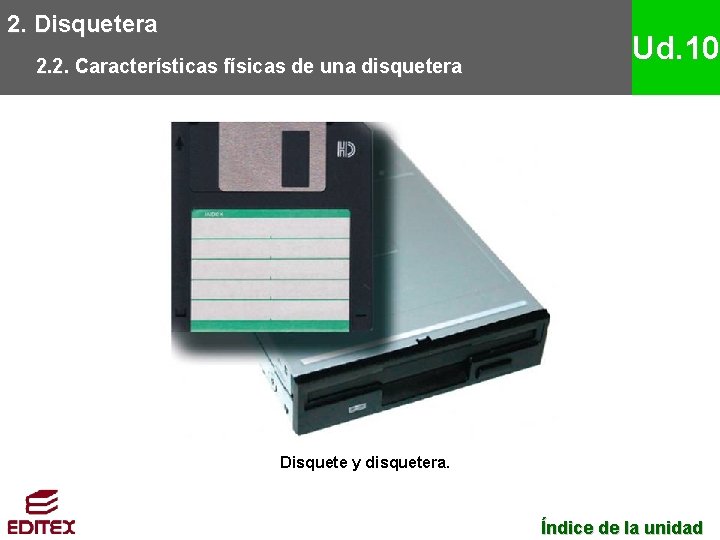 2. Disquetera 2. 2. Características físicas de una disquetera Ud. 10 Disquete y disquetera.