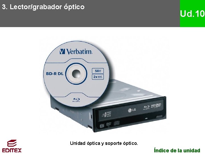 3. Lector/grabador óptico Ud. 10 Unidad óptica y soporte óptico. Índice de la unidad