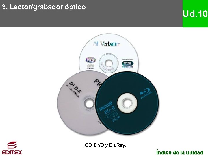 3. Lector/grabador óptico Ud. 10 CD, DVD y Blu. Ray. Índice de la unidad