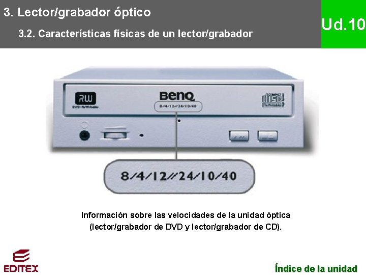 3. Lector/grabador óptico Ud. 10 3. 2. Características físicas de un lector/grabador Información sobre