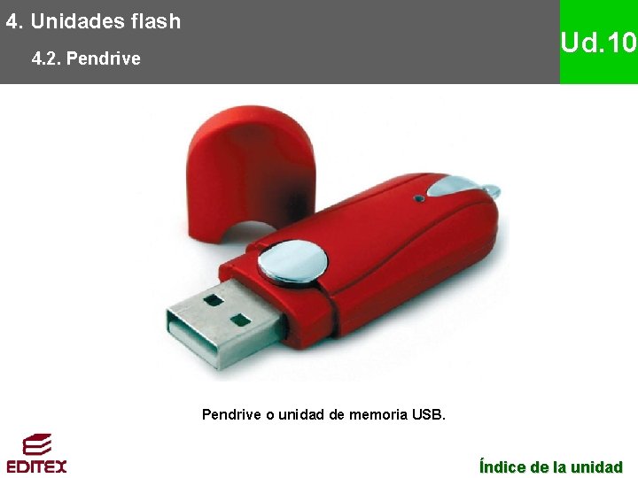 4. Unidades flash Ud. 10 4. 2. Pendrive o unidad de memoria USB. Índice