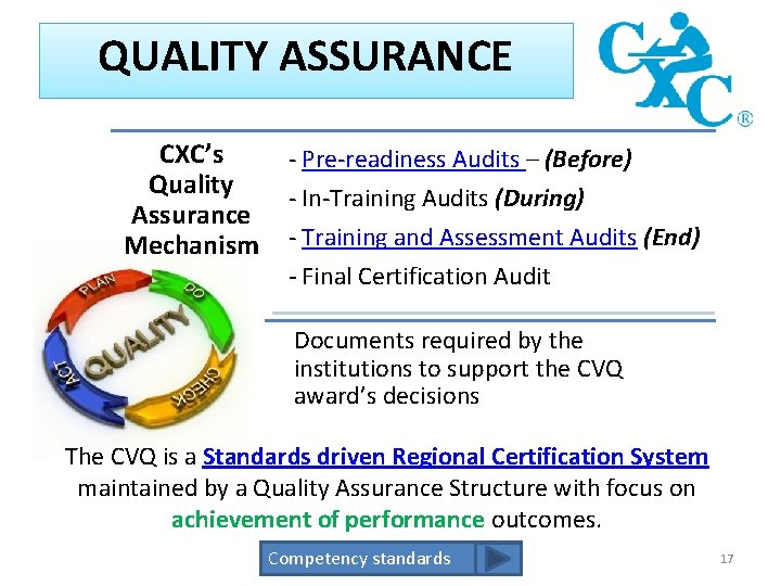 QUALITY ASSURANCE CXC’s Quality Assurance Mechanism - Pre-readiness Audits – (Before) - In-Training Audits