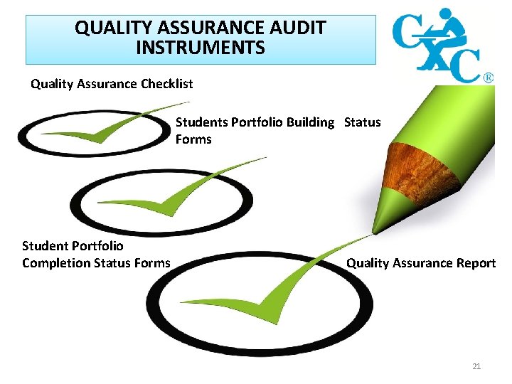 QUALITY ASSURANCE AUDIT INSTRUMENTS Quality Assurance Checklist Students Portfolio Building Status Forms Student Portfolio