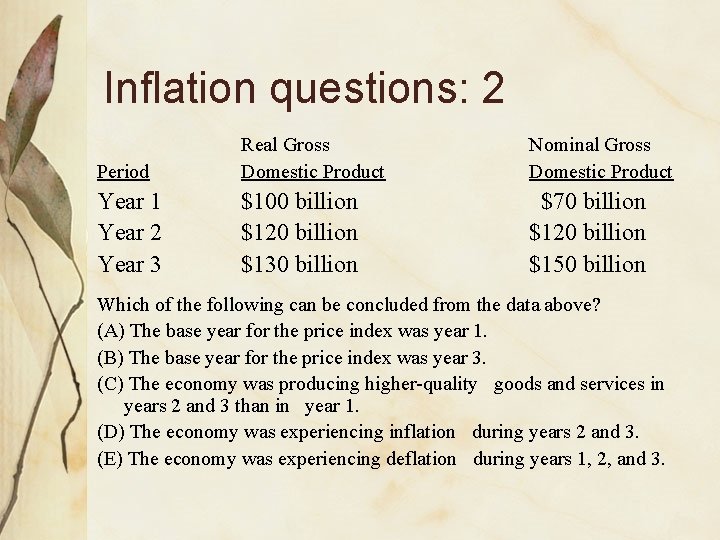 Inflation questions: 2 Period Real Gross Domestic Product Nominal Gross Domestic Product Year 1