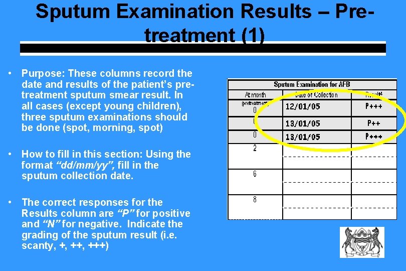 Sputum Examination Results – Pretreatment (1) • Purpose: These columns record the date and
