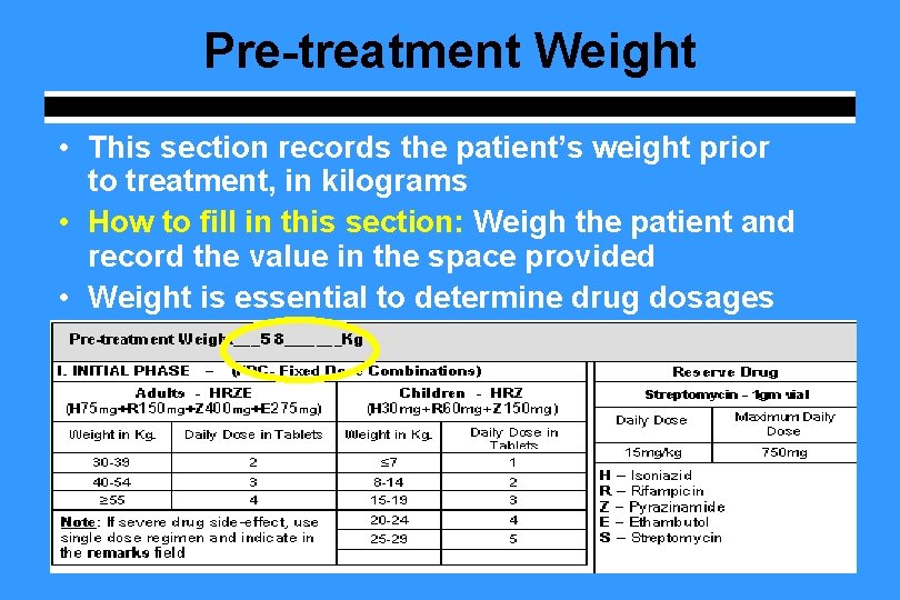 Pre-treatment Weight • This section records the patient’s weight prior to treatment, in kilograms