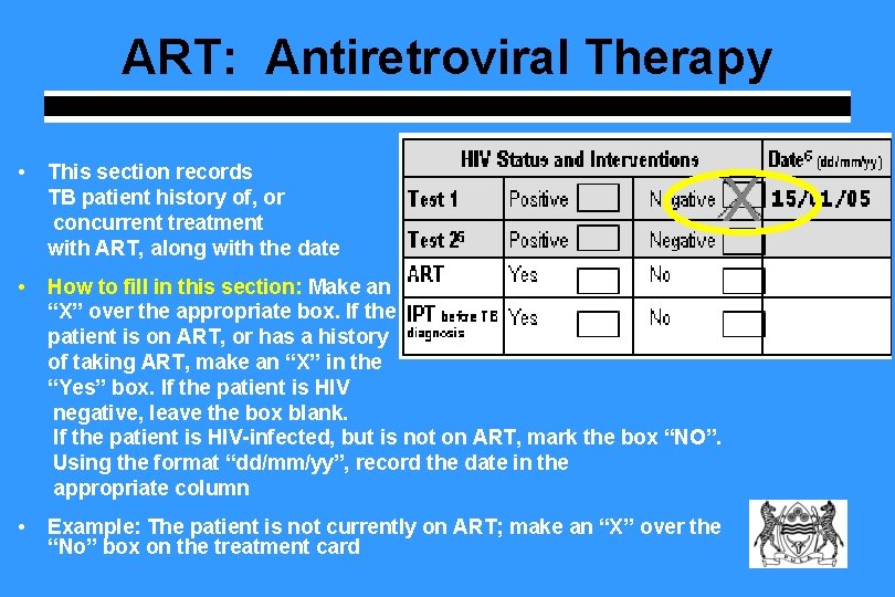 ART: Antiretroviral Therapy • This section records TB patient history of, or concurrent treatment