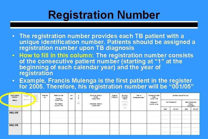 Registration Number • The registration number provides each TB patient with a unique identification