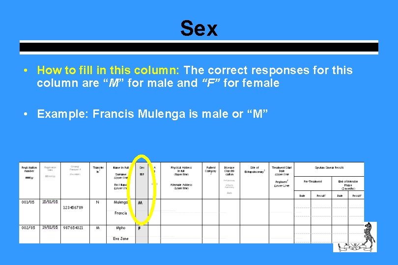 Sex • How to fill in this column: The correct responses for this column