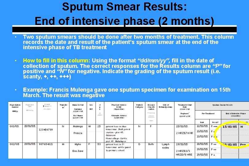 Sputum Smear Results: End of intensive phase (2 months) • Two sputum smears should