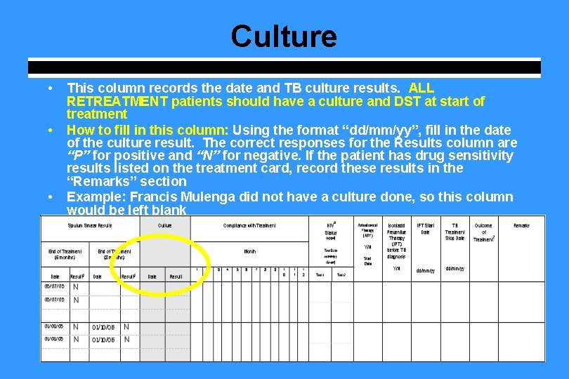 Culture • • • This column records the date and TB culture results. ALL