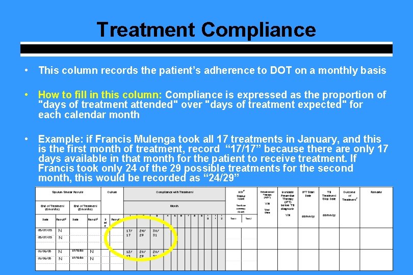 Treatment Compliance • This column records the patient’s adherence to DOT on a monthly