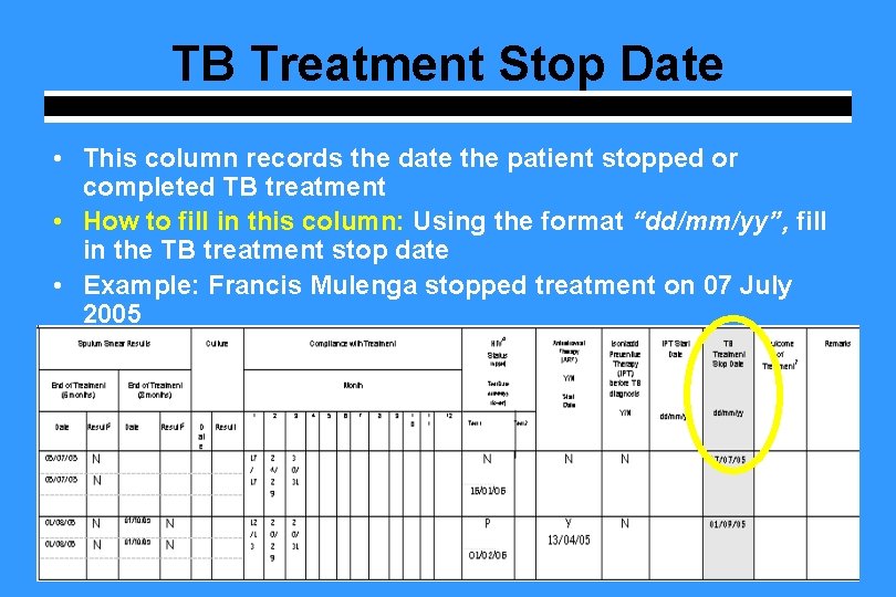 TB Treatment Stop Date • This column records the date the patient stopped or