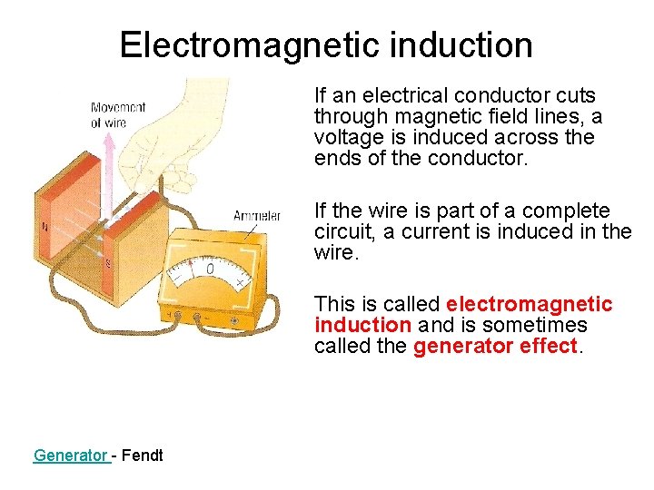 Electromagnetic induction If an electrical conductor cuts through magnetic field lines, a voltage is
