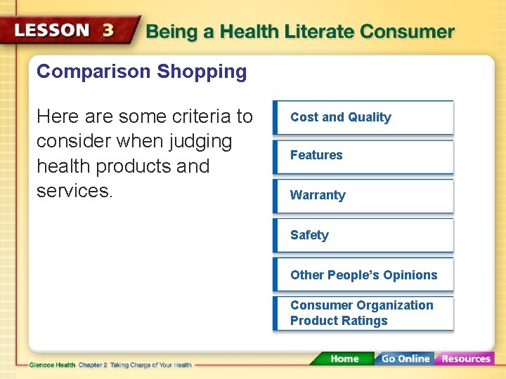 Comparison Shopping Here are some criteria to consider when judging health products and services.