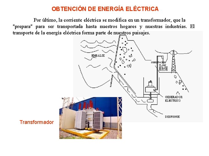OBTENCIÓN DE ENERGÍA ELÉCTRICA Por último, la corriente eléctrica se modifica en un transformador,