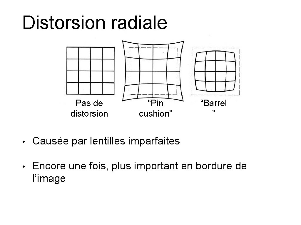 Distorsion radiale Pas de distorsion “Pin cushion” “Barrel ” • Causée par lentilles imparfaites