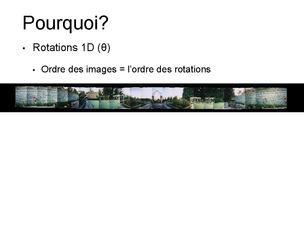 Pourquoi? • Rotations 1 D (θ) • Ordre des images = l’ordre des rotations