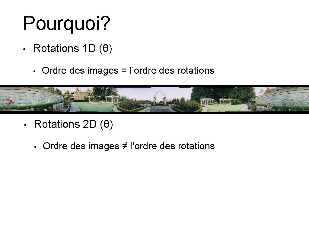 Pourquoi? • Rotations 1 D (θ) • • Ordre des images = l’ordre des