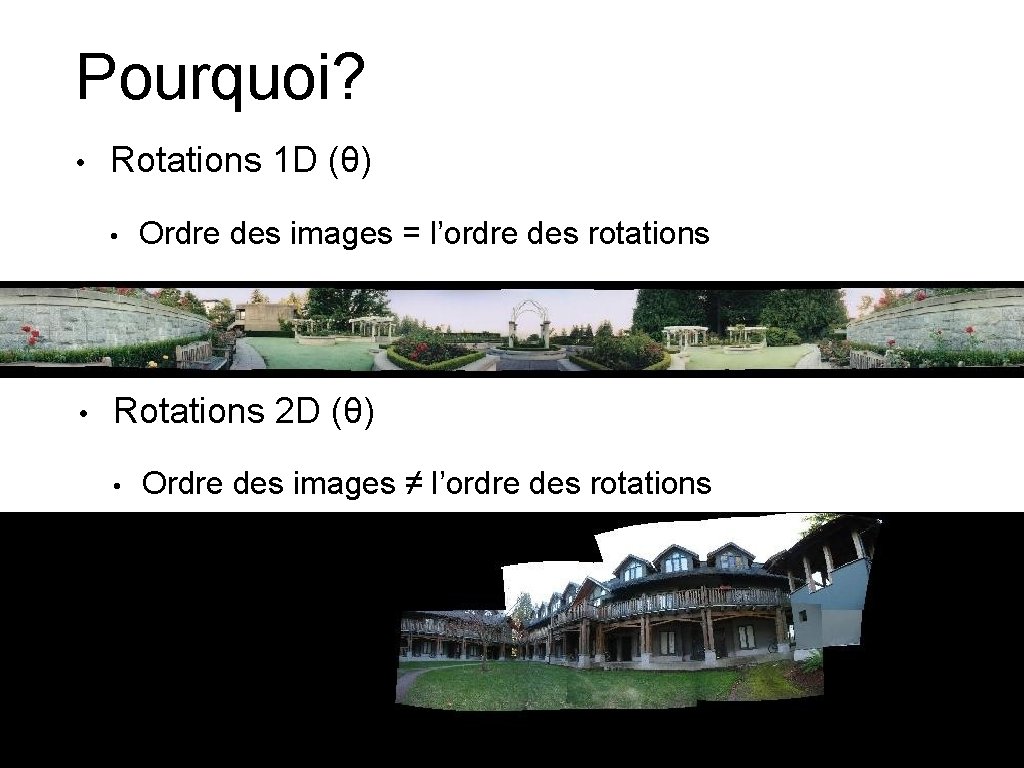 Pourquoi? • Rotations 1 D (θ) • • Ordre des images = l’ordre des