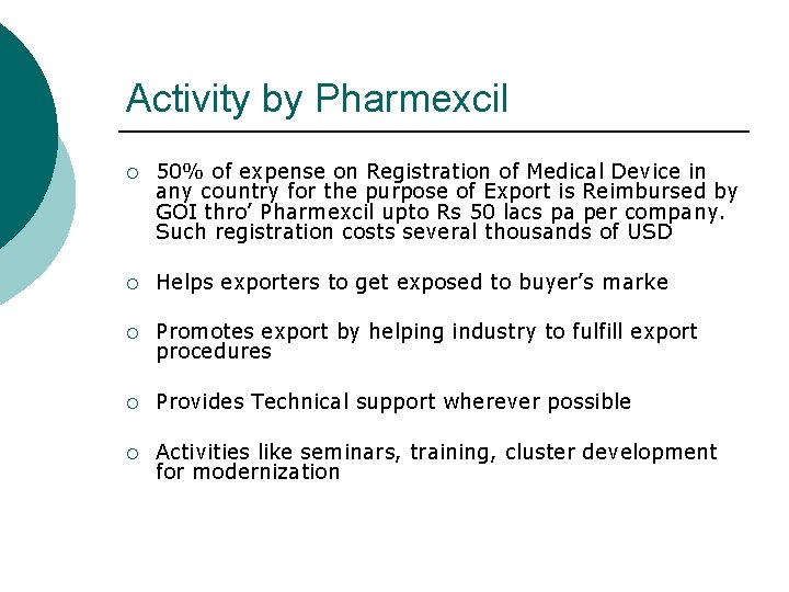 Activity by Pharmexcil ¡ 50% of expense on Registration of Medical Device in any
