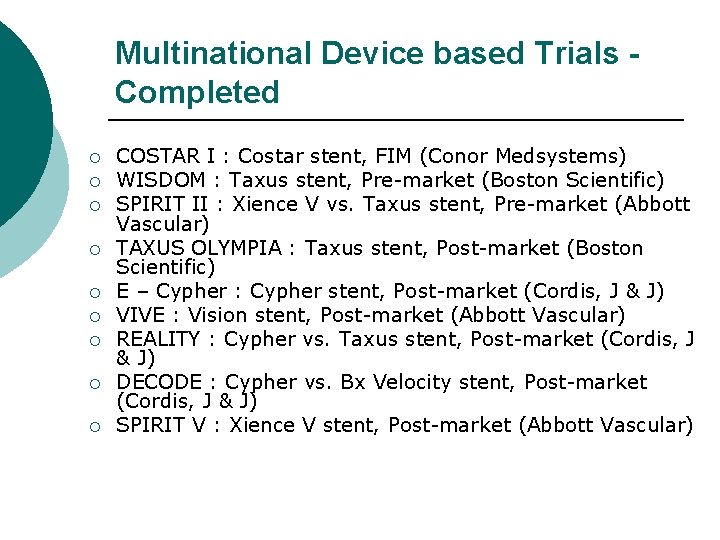 Multinational Device based Trials Completed ¡ ¡ ¡ ¡ ¡ COSTAR I : Costar