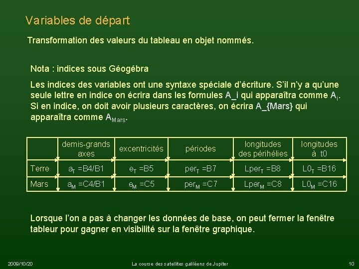 Variables de départ Transformation des valeurs du tableau en objet nommés. Nota : indices