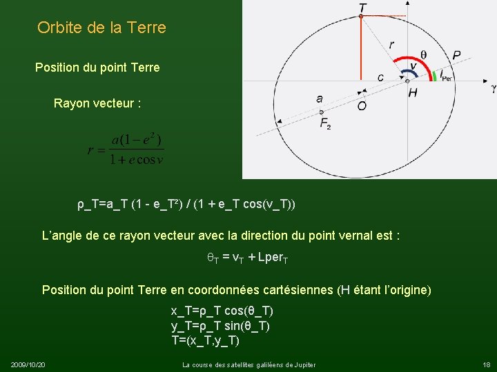Orbite de la Terre Position du point Terre Rayon vecteur : ρ_T=a_T (1 -