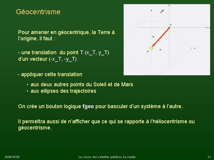 Géocentrisme Pour amener en géocentrique, la Terre à l’origine, il faut : - une