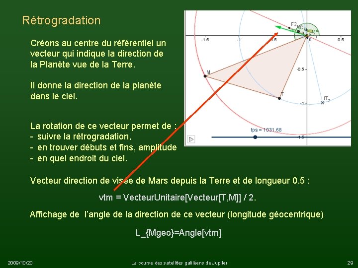 Rétrogradation Créons au centre du référentiel un vecteur qui indique la direction de la