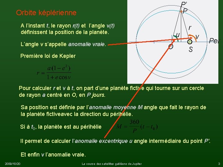 P’ P Orbite képlérienne A l’instant t, le rayon r(t) et l’angle v(t) définissent