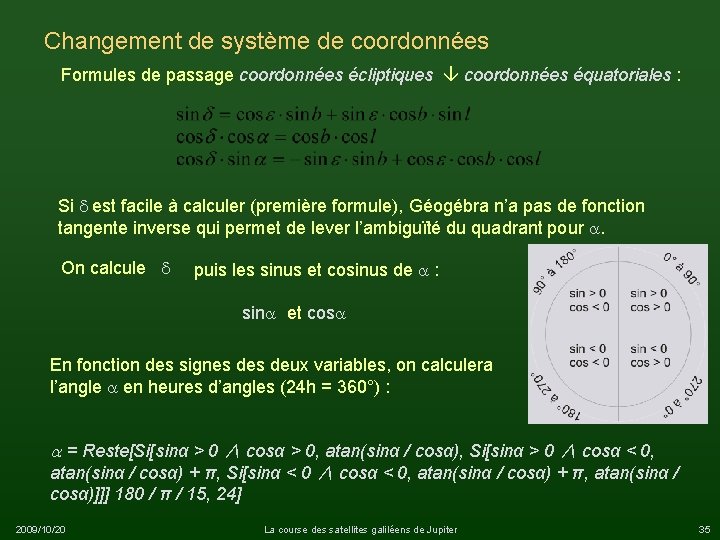 Changement de système de coordonnées Formules de passage coordonnées écliptiques coordonnées équatoriales : Si