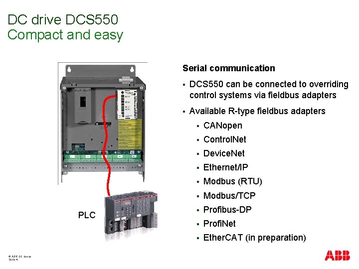 DC drive DCS 550 Compact and easy Serial communication PLC © ABB DC drives