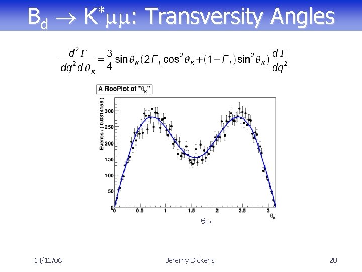Bd K*mm: Transversity Angles q. K* 14/12/06 Jeremy Dickens 28 