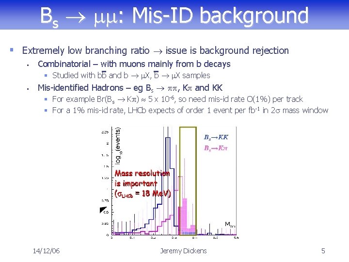 Bs mm: Mis-ID background § Extremely low branching ratio issue is background rejection §