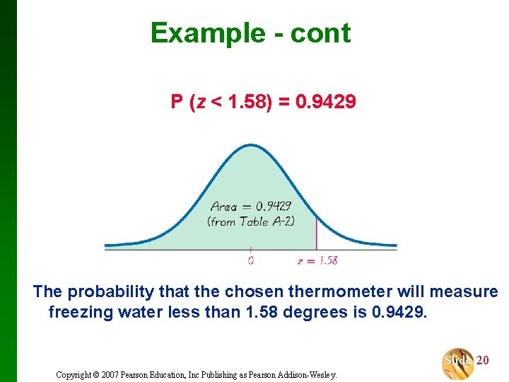 Example - cont P (z < 1. 58) = 0. 9429 The probability that