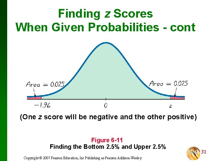 Finding z Scores When Given Probabilities - cont (One z score will be negative