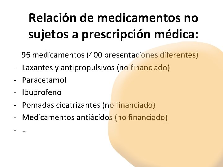 Relación de medicamentos no sujetos a prescripción médica: - 96 medicamentos (400 presentaciones diferentes)