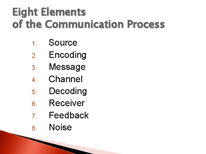 Eight Elements of the Communication Process 1. 2. 3. 4. 5. 6. 7. 8.
