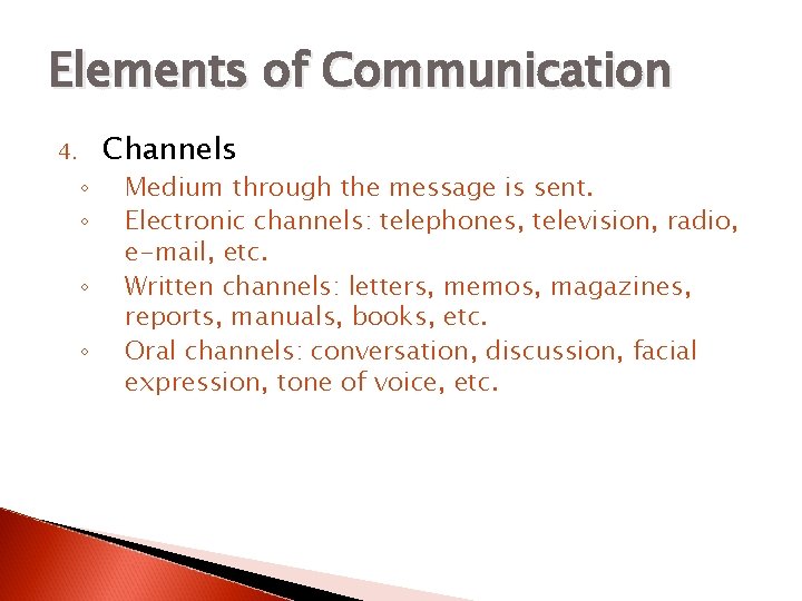 Elements of Communication 4. ◦ ◦ Channels Medium through the message is sent. Electronic