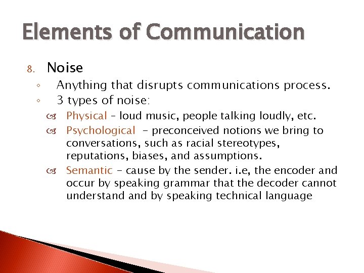 Elements of Communication 8. ◦ ◦ Noise Anything that disrupts communications process. 3 types