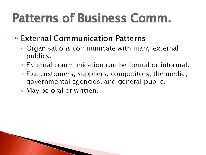 Patterns of Business Comm. External Communication Patterns ◦ Organisations communicate with many external publics.