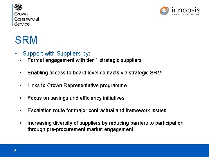 SRM • Support with Suppliers by: 15 • Formal engagement with tier 1 strategic