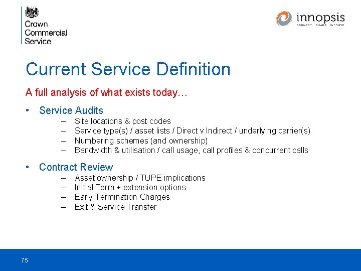 Current Service Definition A full analysis of what exists today… • Service Audits –